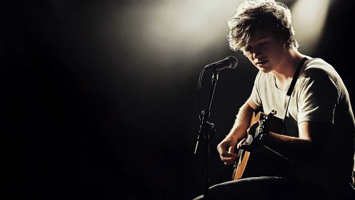 Young guitarist leans into a spotlight, lost in tender melody