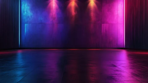 Neon lit empty room with reflective floor and colored walls