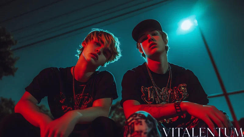 Neon street portrait of two youths under teal and red rim lighting