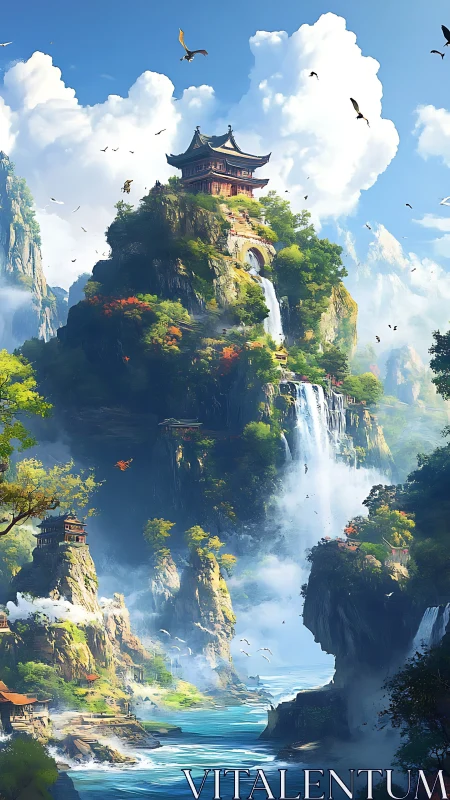 Skyward temple above cascading waterfalls and misty gorge.