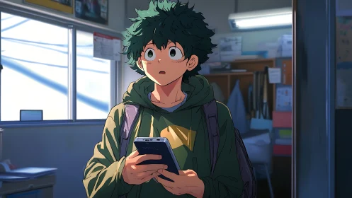 Surprised student in sunlight pauses mid scroll at school.