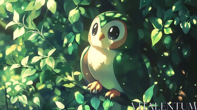 Cute Cartoon Owl in Lush Green Forest, Soft Light Illustration.