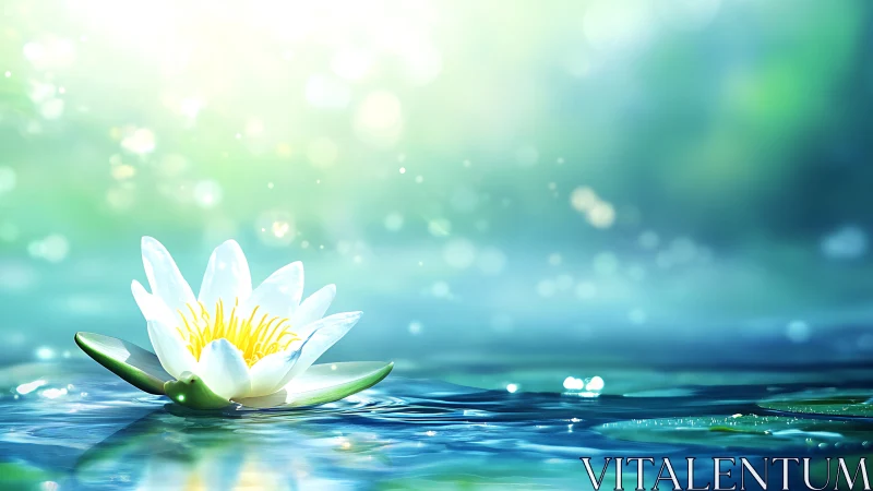 Gentle white water lily glows softly on calm blue water