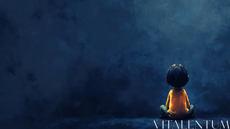 Digital painting of solitary child against vast blue wall.
