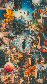 Collaged dreamwalker drifts through stitched mountainscapes