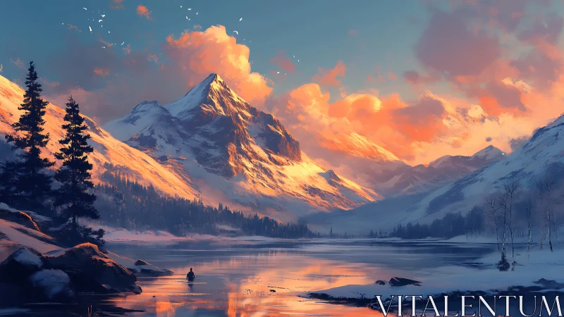 Emberlit peaks and quiet river wanderer at winter dusk.