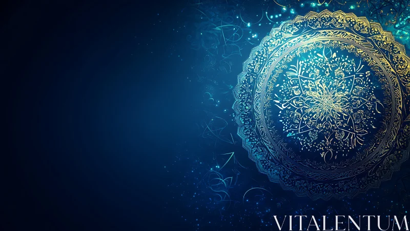Ornate golden mandala on deep blue abstract background.