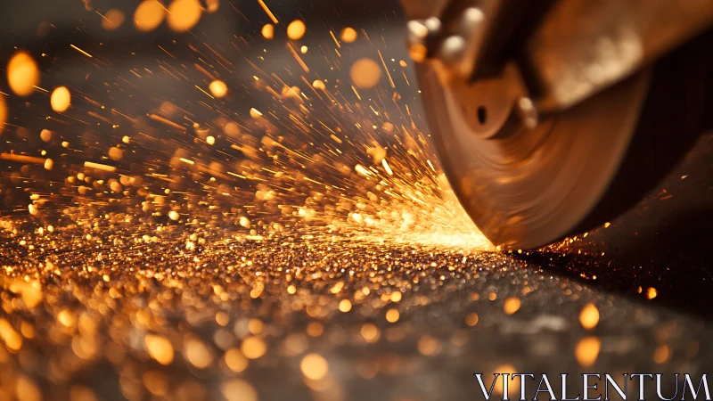 Photorealistic close-up of cutting wheel and cascading sparks.