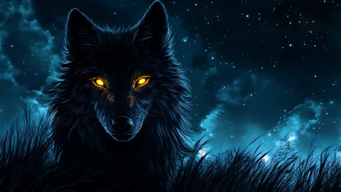 Luminous-eyed midnight wolf beneath a starstorm sky.