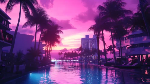 Palm-lined hotel pool under neon pink sunset sky.