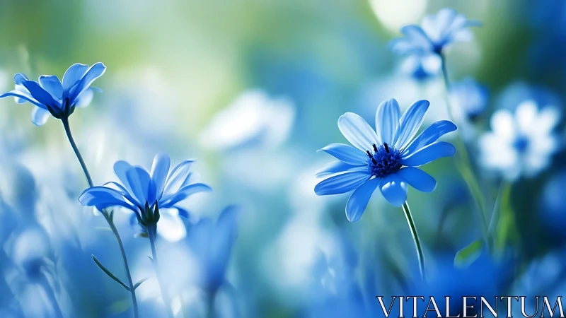 Blue Daisies Dancing Through Luminous Green Haze