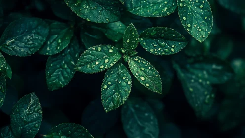 Dark green leaves covered in fresh raindrops close up.