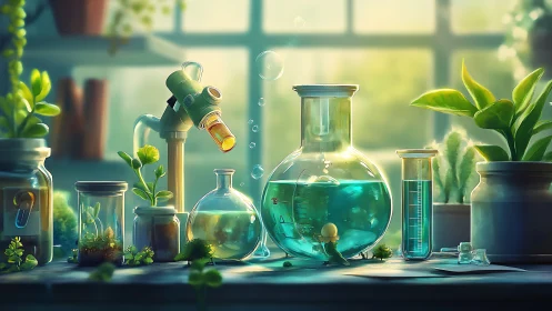 Sunlit botanical lab glassware glows with teal elixirs
