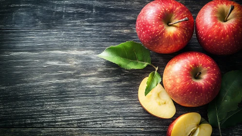 Red apples and slices on rustic dark wooden background.