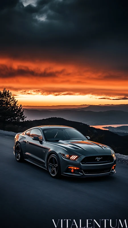 Dark coupe on mountain road under layered sunset sky.