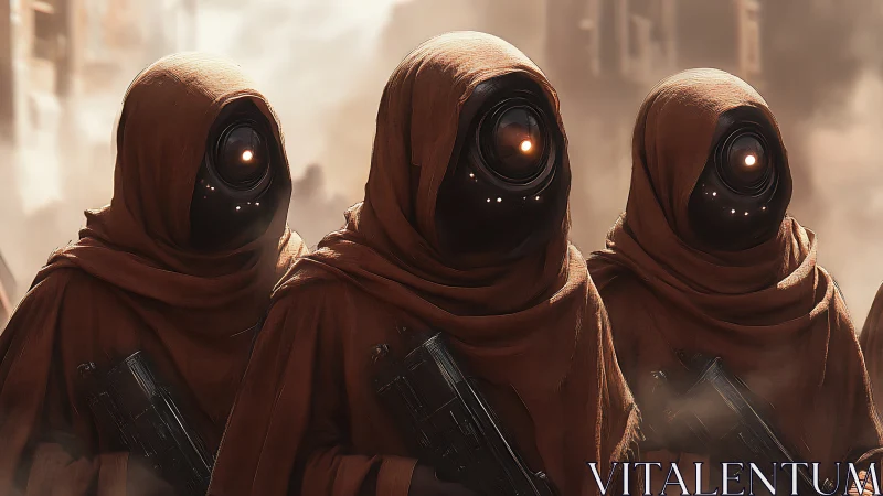 Desert cloaked sentinels quietly patrol with glowing glass eyes