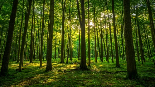 Sunlit green forest with tall trees, tranquil nature landscape photo.