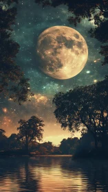 Moonlit forest lake glows gently under a dreamy night sky