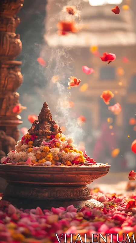 Hindu temple shrine with flowers, incense and warm light.