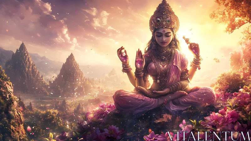 Divine goddess meditation amid glowing Himalayan valley.