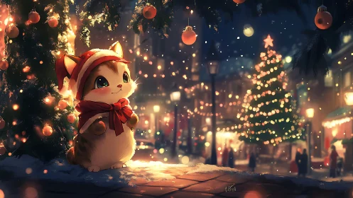 Digital painting of festive kitten under luminous city tree.