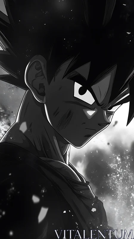 Monochrome anime warrior portrait with textured backdrop.