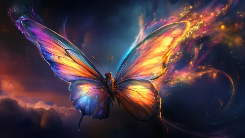 Luminous cosmic butterfly spreads radiant wings in twilight skies