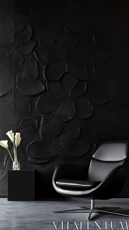 Midnight petals cradle a sleek lounge chair in hush-toned calm