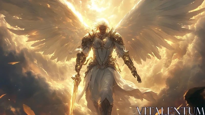 Radiant armored seraph descending through volumetric clouds.