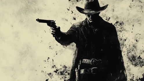 Lone gunslinger poised in swirling frontier shadows.