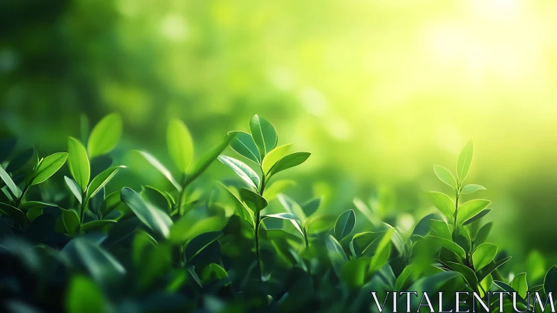 Lush green foliage in sunlight with soft bokeh background.