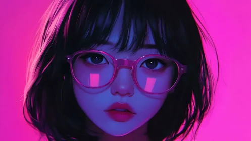 Neon portrait of young woman with pink round glasses.
