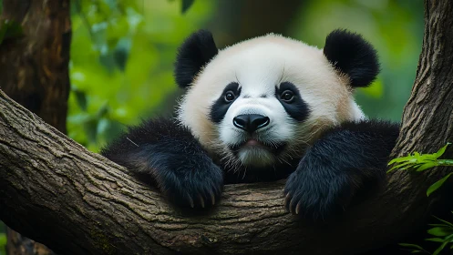 Young giant panda resting on tree branch in forest.