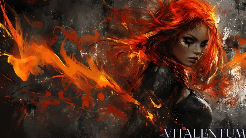 Fiery-haired woman emerges from chaotic orange and charcoal strokes