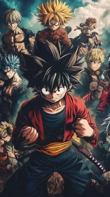 Dynamic shonen heroes rendered in high-contrast anime style
