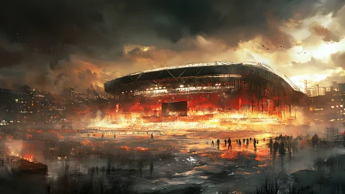 Apocalyptic stadium complex glows amid smoke, haze and silhouettes
