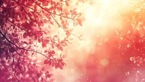 Soft morning light dances through rosy leaves and gentle glow