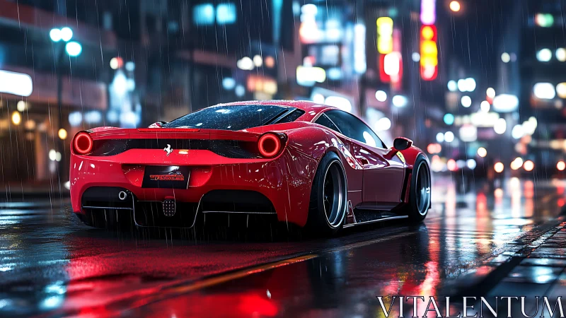 Red sports car parked on wet neon city street at night.