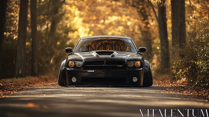 Low-slung black muscle car powers through golden forest road