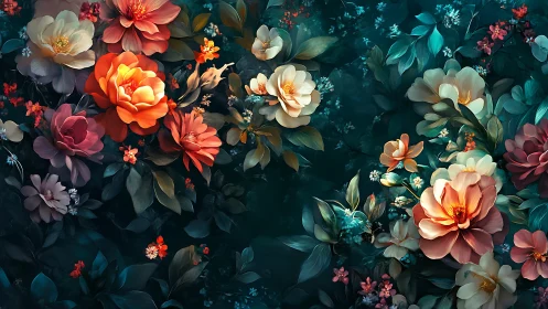 Layered floral composition with warm and cool tones against dark background.