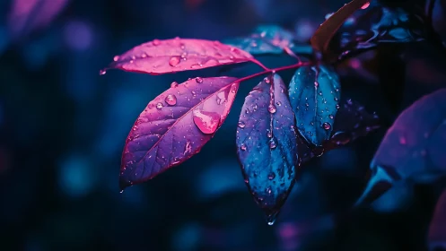 Neon-lit raindrops shimmer across vivid magenta and blue leaves.