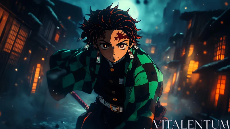 Blade-bright warrior charging through emberlit winter street.