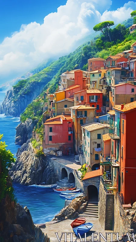 Coastal settlement with stacked buildings on Mediterranean cliff