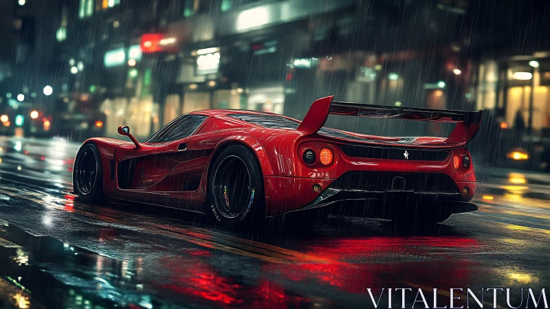 Red supercar blazes through neon city streets in rain-soaked night.