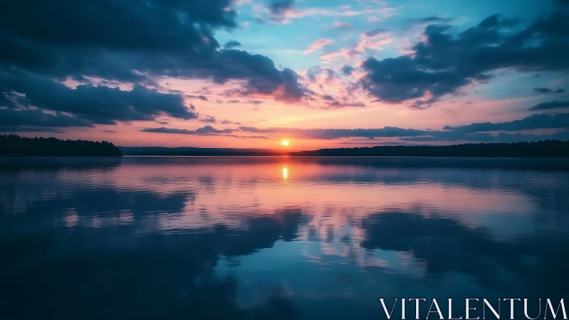 Calm lake horizon at sunset with clouds reflected clearly.