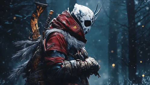 Masked winter hunter stands armed in snowbound forest.