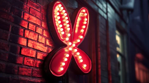 Neon butterfly marquee glows along a moody brick alley.