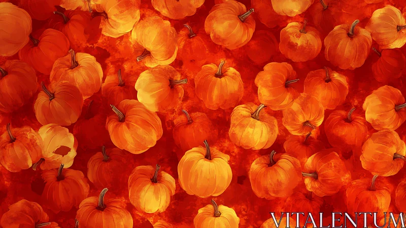 Dense digital pattern of orange pumpkins on red background.