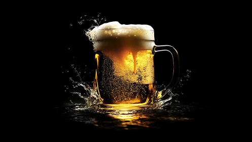 Transparent beer mug with foam captured mid liquid splash