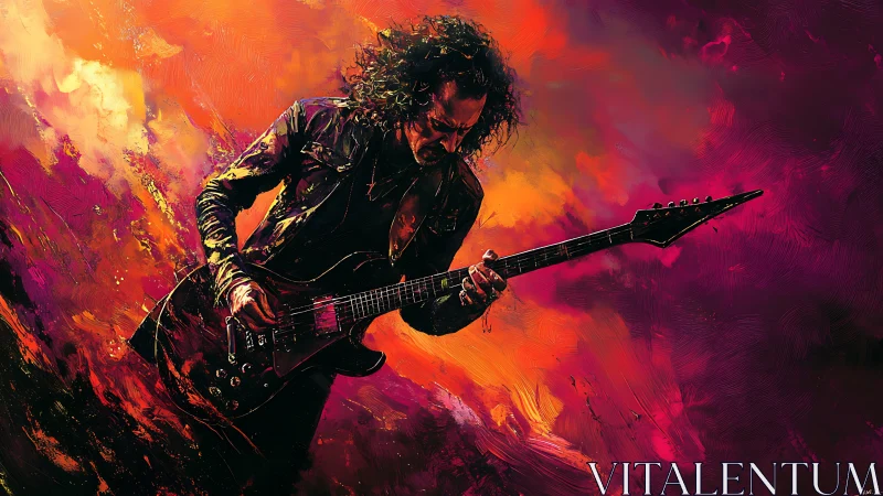 Guitarist performs powerfully against vivid abstract colors